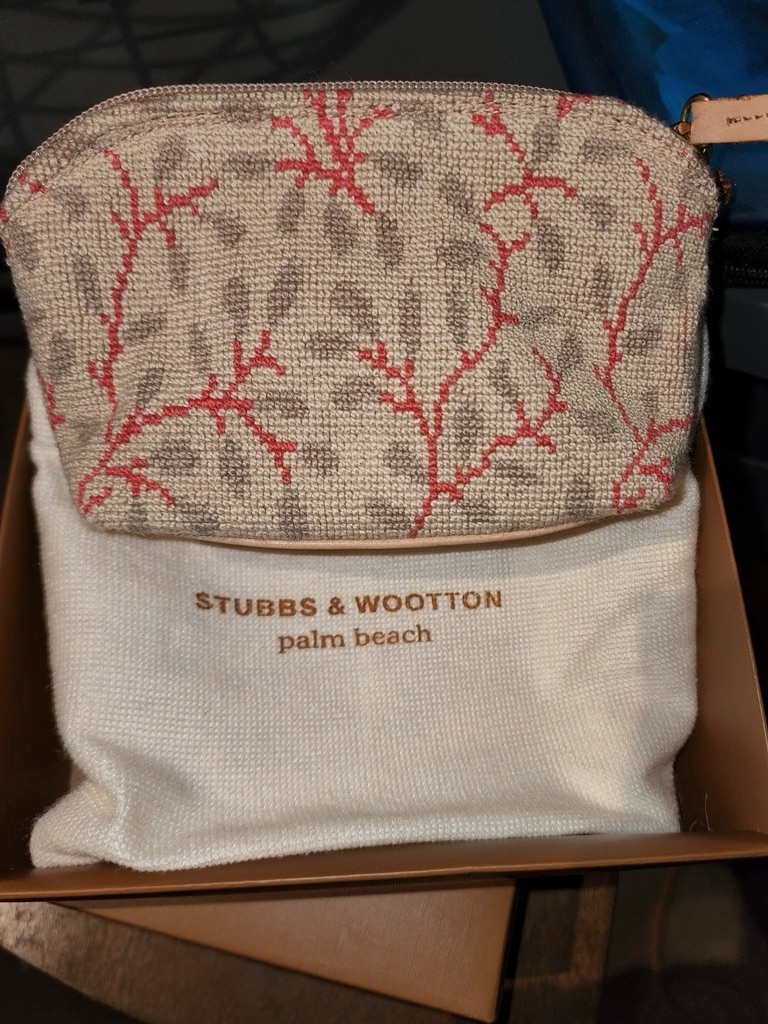 Stubbs & Wootton Coral Branch Canvas Cosmetic Pouch - Neutral With Coral Accents